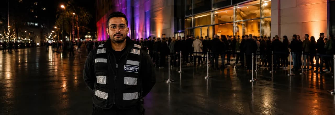 Sicherheitsmitarbeiter beim Veranstaltungsschutz vor wartenden Gästen